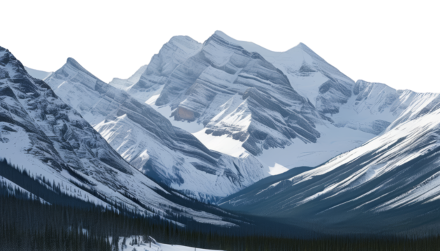 Majestic snow capped mountains rise above serene valley, showcasing stunning peaks and tranquil landscape. beauty of nature is truly captivating