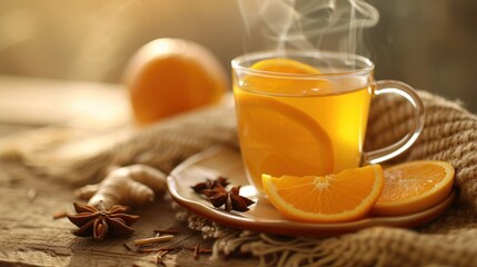 Warm Citrus Drink with Spices and a Cozy Knit Blanket