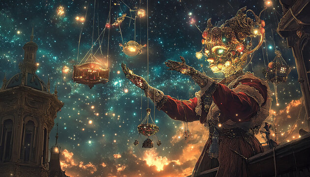 Fantastic puppeteer controlling glowing marionettes