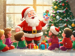 A joyful cartoon-style scene of Santa Claus on Christmas Day, surrounded by a group of excited children. Santa, with his iconic red suit and fluffy white beard.