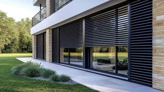 Elegant outdoor roller blinds enhance modern window aesthetics.