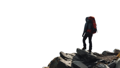 hiker stands on rocky terrain, gazing at vast landscape ahead, showcasing adventure and exploration