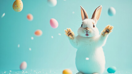 Happy Easter with cute bunny surrounded by colorful eggs, spreading joy!