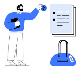 Man holding clipboard and dollar sign token examines checklist and purse. Ideal for finance, budgeting, shopping, retail, personal finance, decision making, consumer awareness. Line metaphor