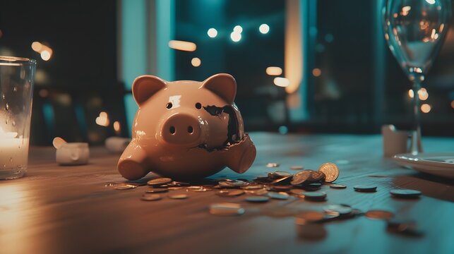 Broken piggy bank with coins scattered around, symbolizing financial struggle and the need for careful budgeting and saving.