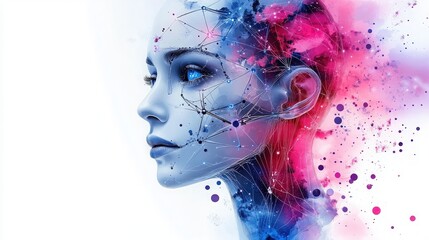 Futuristic Portrait of a Woman with Abstract Geometric Patterns and Vibrant Colors Representing Technology and Creativity in a Modern Art Style