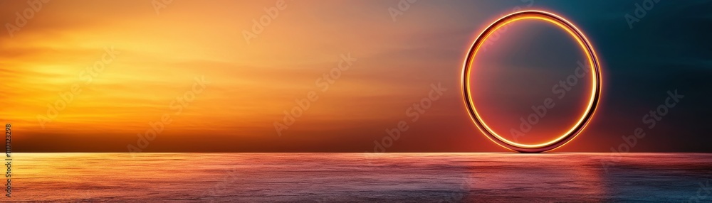 Poster a stunning sunset with a glowing circular reflection on water, creating a serene and captivating atm