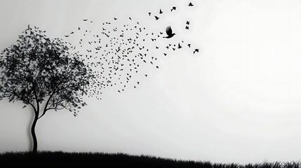 Silhouette of a tree with birds flying away.