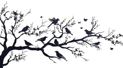 Silhouette of birds perched on a blossoming tree branch with butterflies.