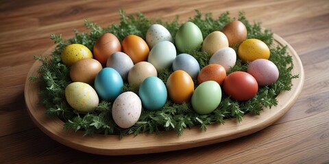 A natural wooden platter filled with variously colored Easter eggs and greenery, dining, rustic, food