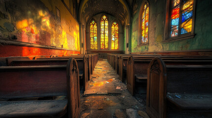 A decrepit church with broken stained glass and eerie shadows.
