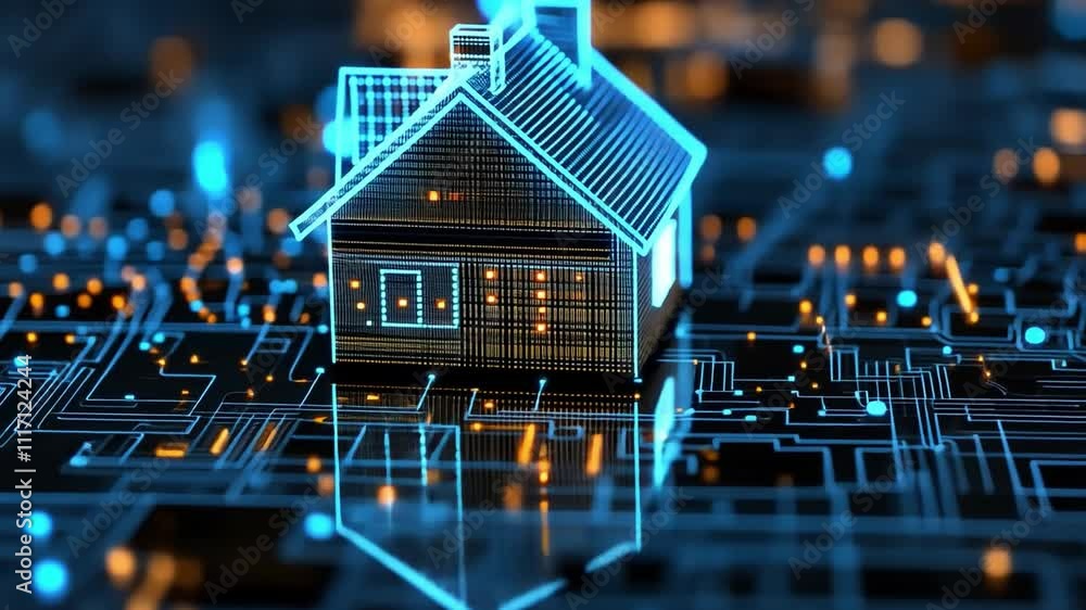 Poster digital representation of a house on a microchip backdrop in a futuristic setting