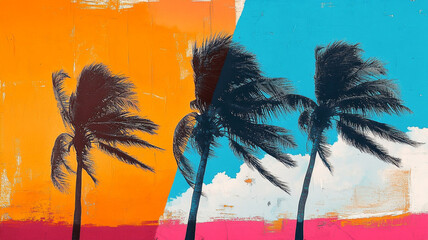 Vibrant palm trees against colorful abstract background evoke tropical vibe