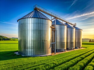 Fototapeta premium Large Metal Grain Silo with Vertical Ladder in Agricultural Setting, Showcasing Industrial Design and Functionality Against a Clear Blue Sky and Green Fields