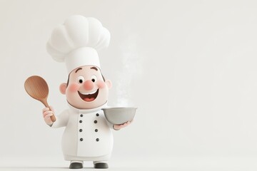 A playful 3D cartoon chef character with a tall white hat, holding a wooden spoon and a steaming bowl, on a plain white backdrop.