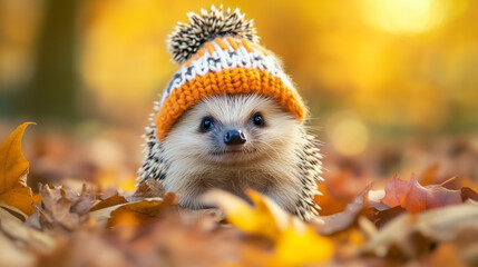 Obraz premium Hedgehog wearing orange knit hat in golden autumn light