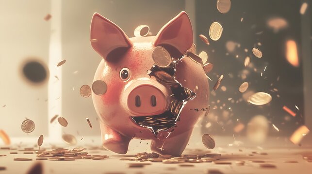 Broken piggy bank with coins scattered around, symbolizing financial struggle and the need for careful budgeting and saving.