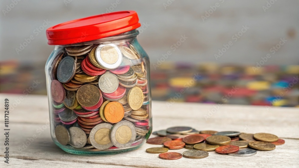 Poster a whimsical glass jar partly filled with a colorful collection of coins each reflecting the light in