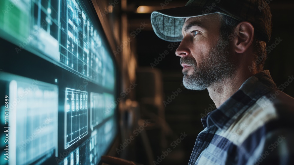 Poster a focused man analyzes data on a digital screen, highlighting themes of technology and concentration