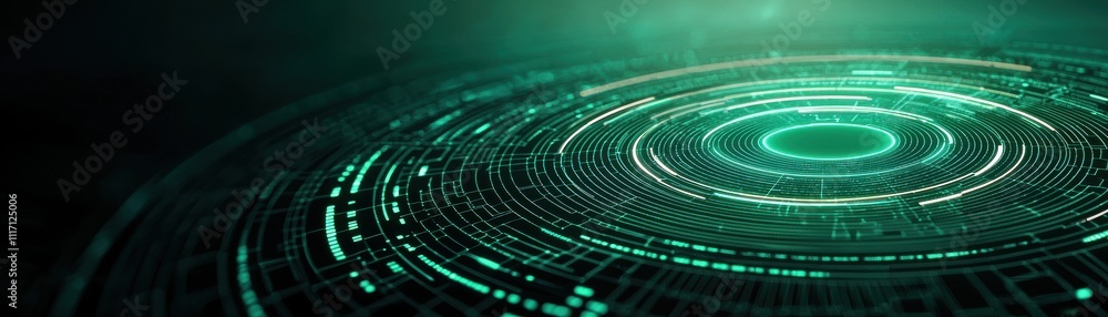 Leinwandbilder a futuristic digital landscape featuring concentric circles and glowing green elements, evoking them