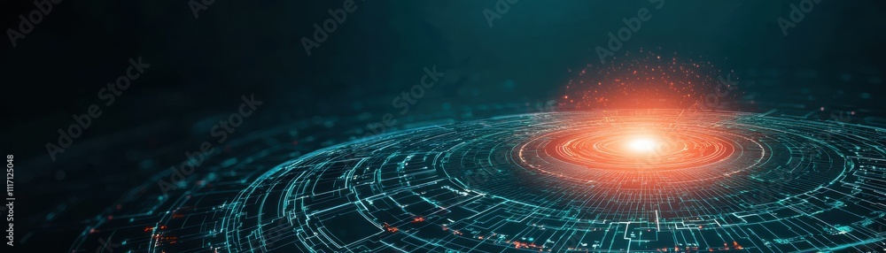 Poster a vibrant cosmic visualization featuring a glowing center with concentric circular lines, evoking a 