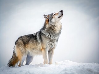 Naklejka premium Majestic Gray Wolf Howling Against a Stark White Backdrop – Captivating Image of Untamed Nature and the Spirit of the Wild