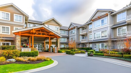 Senior care facility exterior with well-maintained garden and welcoming entrance. Emphasizing comfort and dignity in elderly living environments.