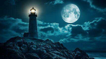 Lighthouse Under a Full Moon