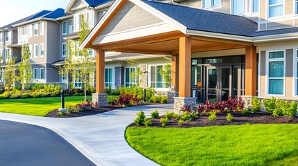 Senior care facility exterior with well-maintained garden and welcoming entrance. Emphasizing comfort and dignity in elderly living environments.