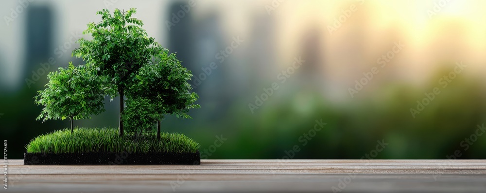 Poster a small cluster of lush green trees sits on a wooden surface, with a blurred cityscape in the backgr