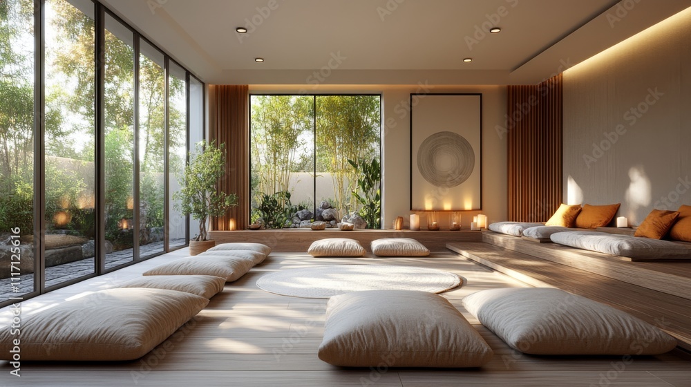 Poster Soft cushions are arranged in a calming indoor area filled with natural light. Floor-to-ceiling windows showcase a tranquil garden, enhancing relaxation and mindfulness.