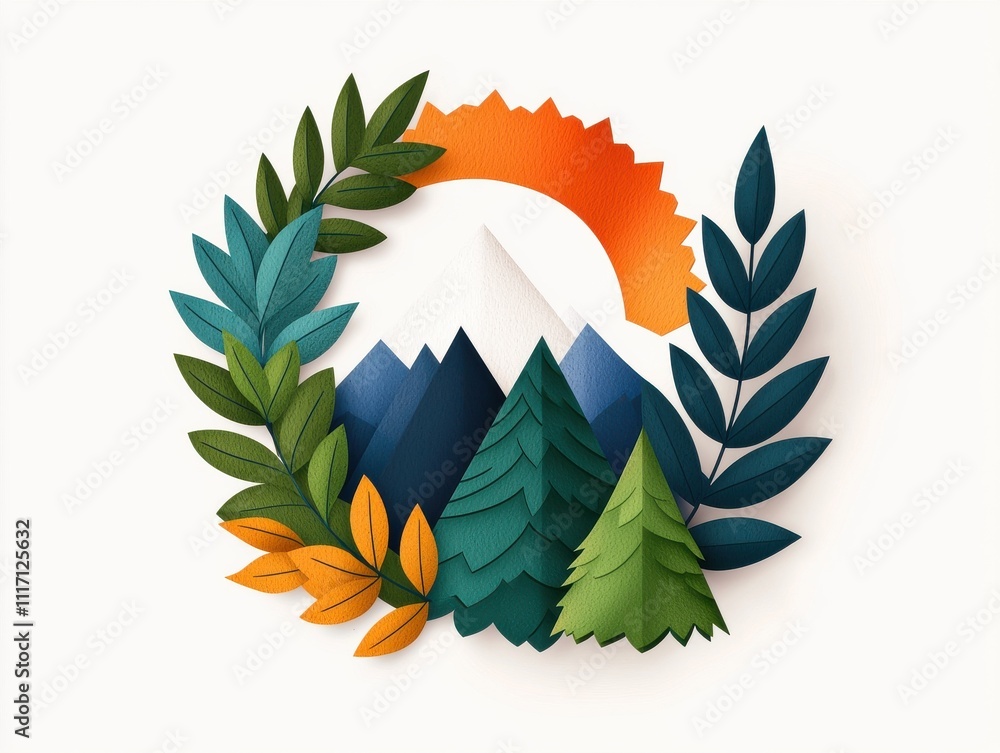 Poster A colorful, paper-cut design featuring mountains, trees, and a sun, creating a vibrant nature scene within a circular frame.
