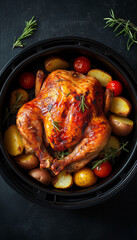 A whole chicken in an air fryer with potatoes and tomatoes