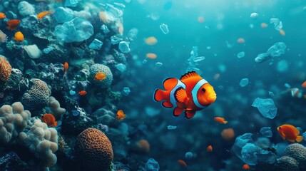 Naklejka premium Animal pollution microplastics. Vibrant clownfish swimming among colorful coral reefs underwater.