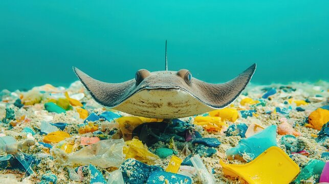 Animal pollution microplastics. Underwater stingray gliding over colorful ocean floor debris.