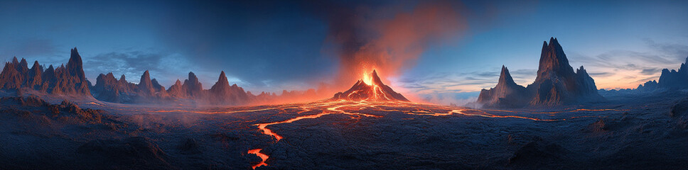 Fototapeta premium Erupting volcano in Russia with flowing lava and dramatic landscape