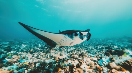 Animal pollution microplastics. Manta ray swimming gracefully over a vibrant coral reef.