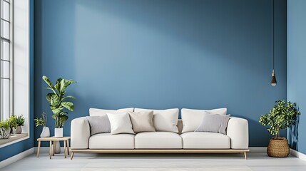 Scandinavian-style living room with a blue accent wall. Neutral tones, functional furniture, and a minimalist design create a serene, welcoming space