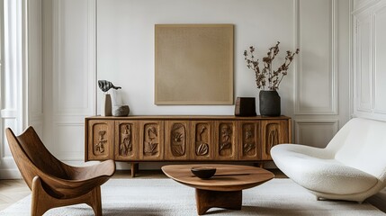 Scandinavian-style living room featuring woodcarvings, a sideboard, and a cabinet. A mock-up poster adds a modern touch to the clean, white wall