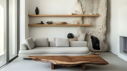 Spacious modern living room with a grey sofa, live edge wooden coffee table, and wild stone cladding wall. White walls with shelves complete the minimalist design