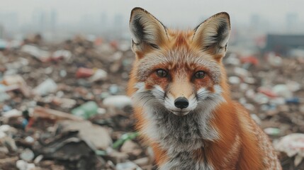 Fototapeta premium Animal pollution microplastics. Fox in a littered environment showcasing urban wildlife challenges.
