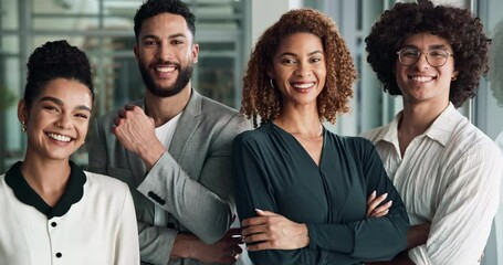 Smile, face and business people in office with confidence for finance career with unity. Happy, pride and portrait of financial team with positive attitude for collaboration investment project.