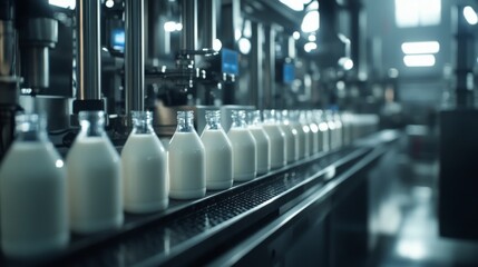 A production line with bottles of milk being processed in a factory setting, showcasing modern machinery and efficient workflow.