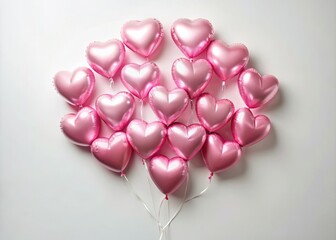 Fototapeta premium Minimalist Wedding Decor with Pink Heart-Shaped Balloons on White Background Perfect for Valentine's Day Celebrations and Romantic Photo Zones for Lovers