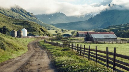 A serene rural landscape featuring a dirt road, a barn, silos, and lush green fields, framed by majestic mountains and soft clouds.