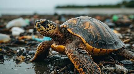 Fototapeta premium Animal pollution microplastics. Turtle crawling on a polluted beach filled with trash and debris.