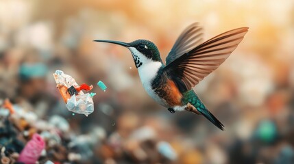 Fototapeta premium Animal pollution microplastics. Hummingbird hovering near colorful flowers in a vibrant setting.