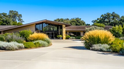 Senior care facility exterior with well-maintained garden and welcoming entrance. Emphasizing comfort and dignity in elderly living environments.