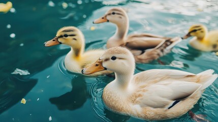 Animal pollution microplastics. Cute ducklings swimming in clear water with reflections.