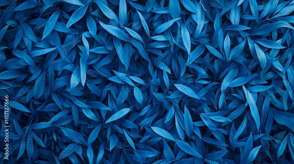 Poster a close-up view of vibrant blue leaves arranged densely, creating a striking visual pattern.